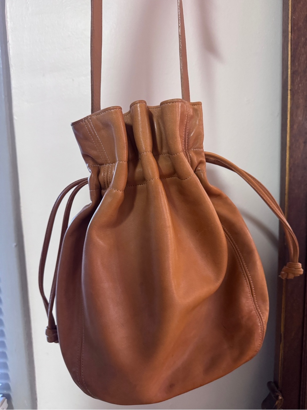 Vintage Coach Drawstring Leather Bucket Bag in Tan